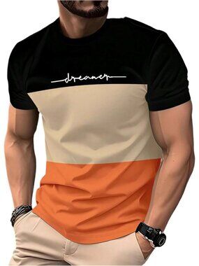 Men's Black/Khaki Casual T-Shirt Short Sleeve Color Block Crew Neck Graphic Tee